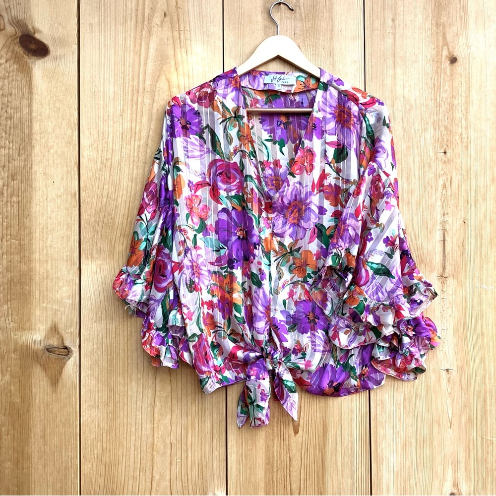 Jeff Gallano Floral Taylor Front Tie Blouse Sz 3, Large